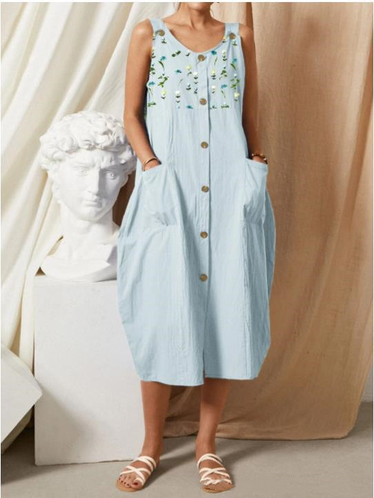 Sleeveless V-neck Button Pocket Dress