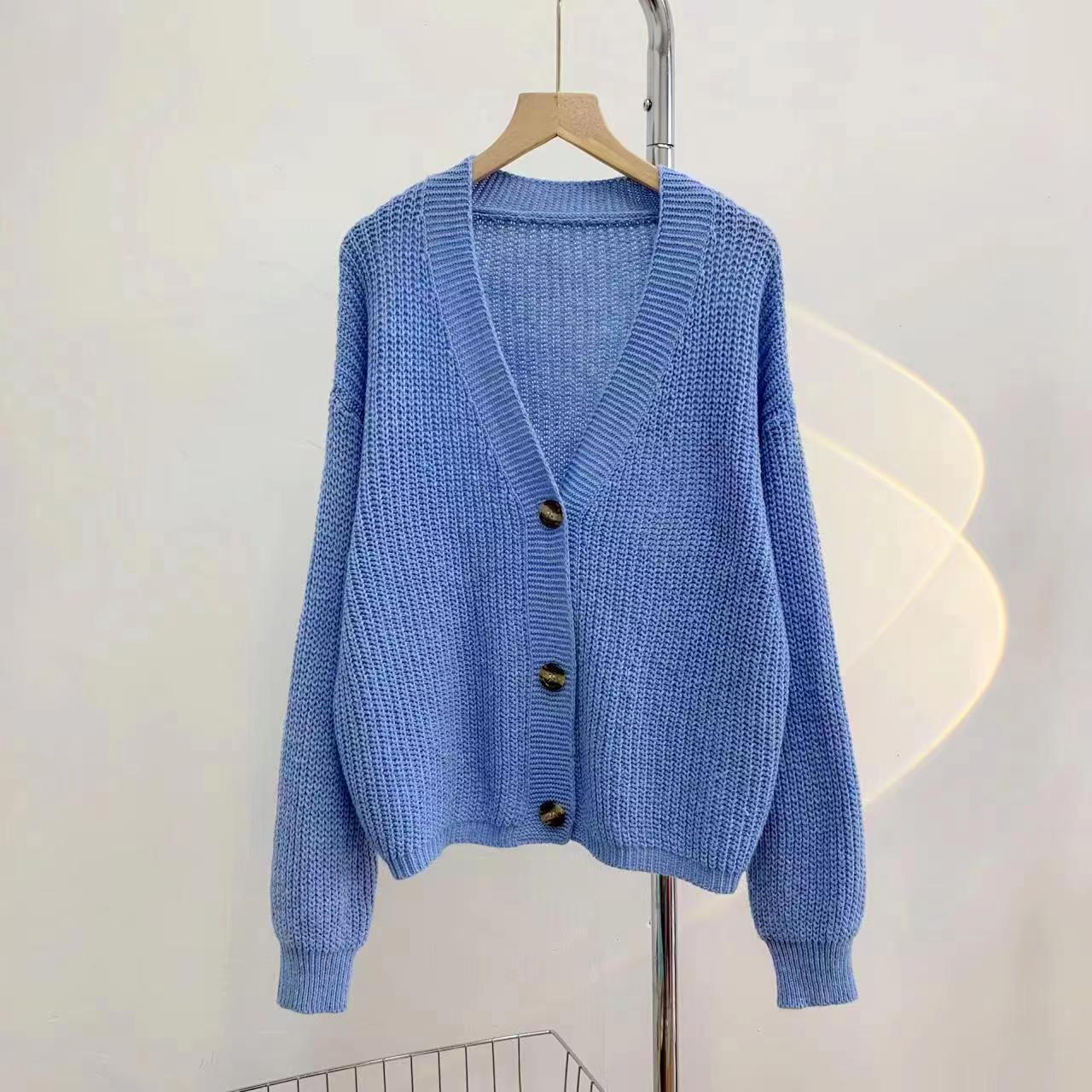 New Style Knitted Sweater Women's Solid Color V-neck Button Cardigan