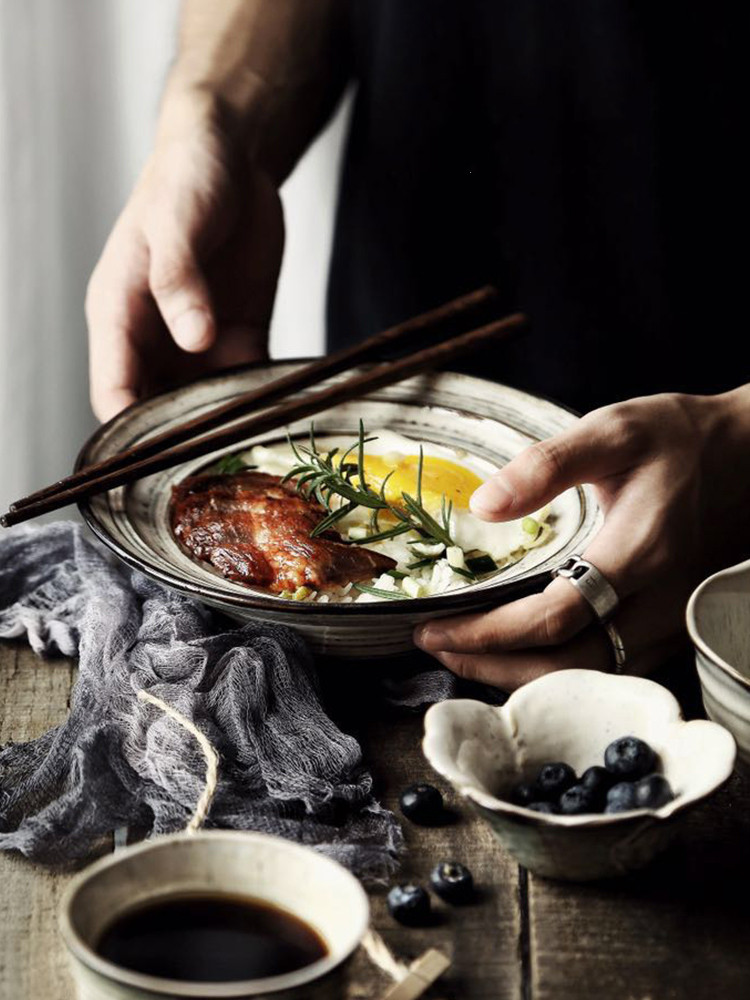 Japanese Style Creative Retro Threaded Household Ceramic Plate