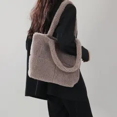 Women's Designer Luxury Plush Bag Winter Fashion Cute Tote Handbags Large Capacity Portable Single Shoulder Furry Bags - Grey - View 1