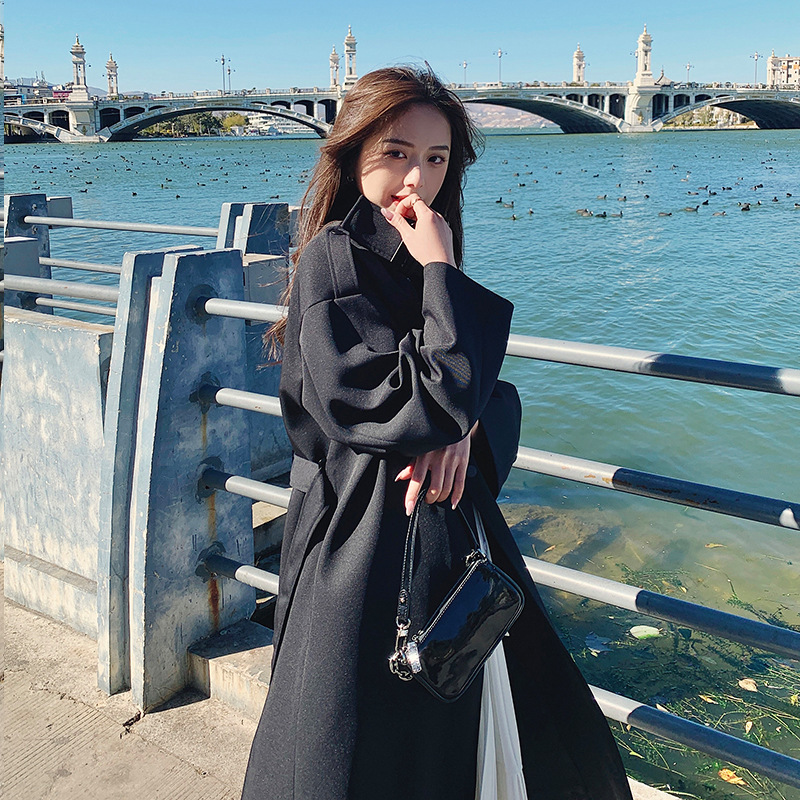 Black Windbreaker Women's Mid length Loose Retro Temperament Popular Over the knee Coat Black - Shop at LoveMi