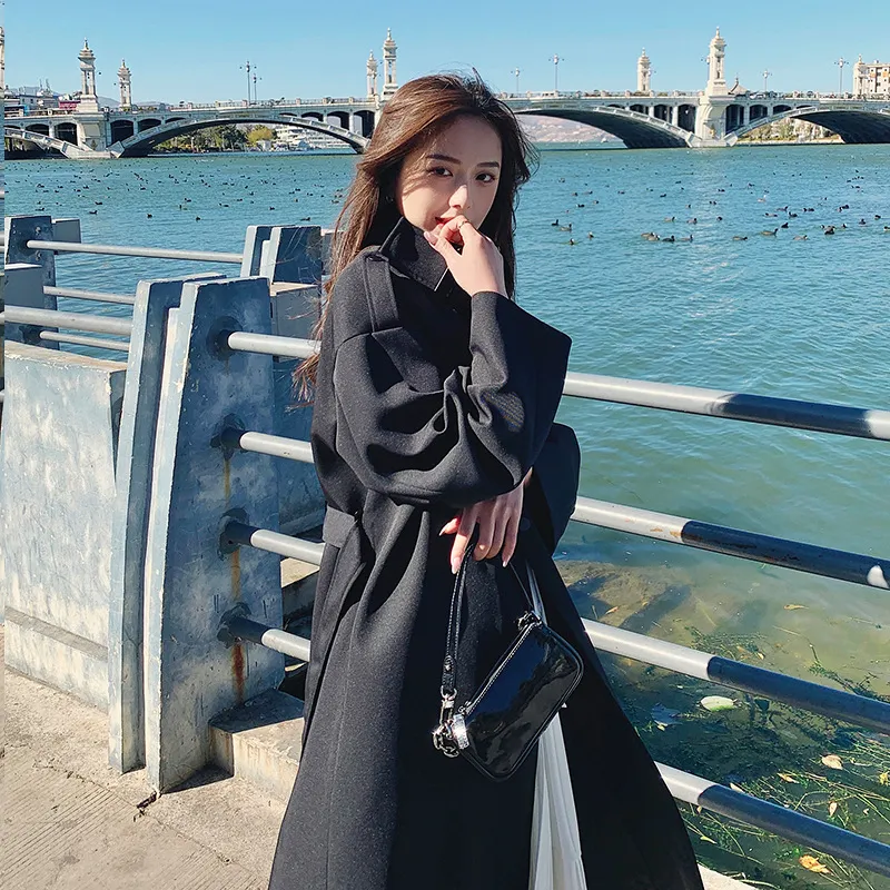 Black Windbreaker Women's Mid-length Loose Retro Temperament Popular Over-the-knee Coat - Black