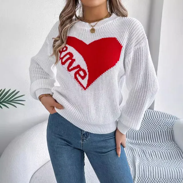 Love Print Pullover Sweater Autumn And Winter Loose Long sleeved Knitted Tops For Women Valentine's Day Clothing White - Shop at LoveMi