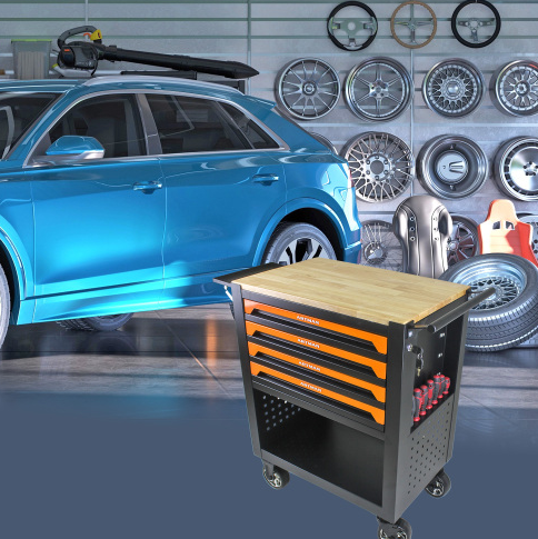 4 DRAWERS MULTIFUNCTIONAL TOOL CART WITH WHEELS AND WOODEN TOP-ORANGE