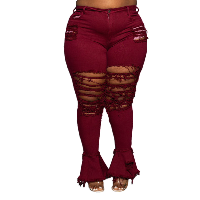 Trumpet Street Fashion Trend Ripped Plus Size Women's Jeans Wine - Shop at LoveMi