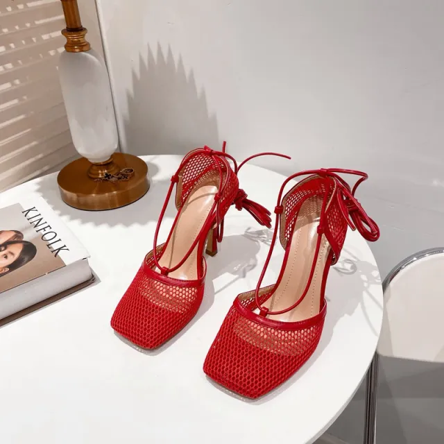 Women's Super High Heel Baotoe High Heels Square Toe Lace Up Shoes Red - Shop at LoveMi