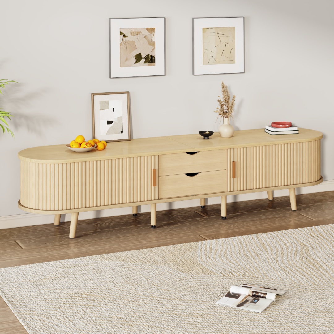 TV Stand With 2 Drawer 2 Sliding Doors 2-Tier Storage Shelf,Oval TV Cabinet — image 2