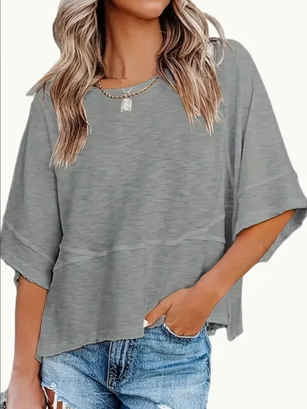 Stylish Loose Fit Crew Neck T Shirt Women's Casual Half Sleeve Spring And Summer Essential Soft, Breathable, And Comfortable Clothing For Every... Grey - Shop at LoveMi