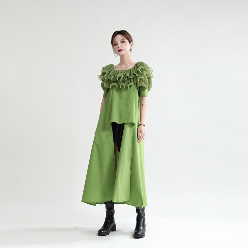 Title 5, Ruffled Pleated Chiffon Panel Shirt Dress