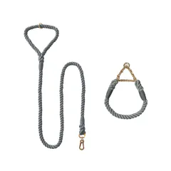 Woven Cotton Pet Dog Leash Collar Set - Dark Grey Gold - View 1