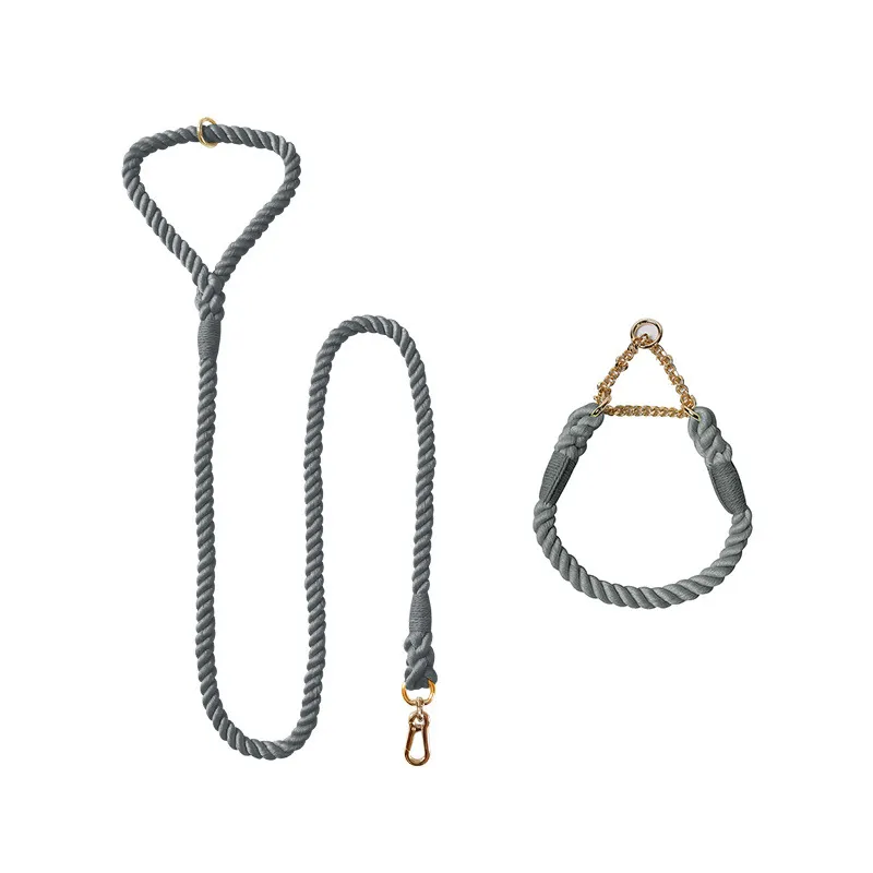 Woven Cotton Pet Dog Leash Collar Set - Dark Grey Gold