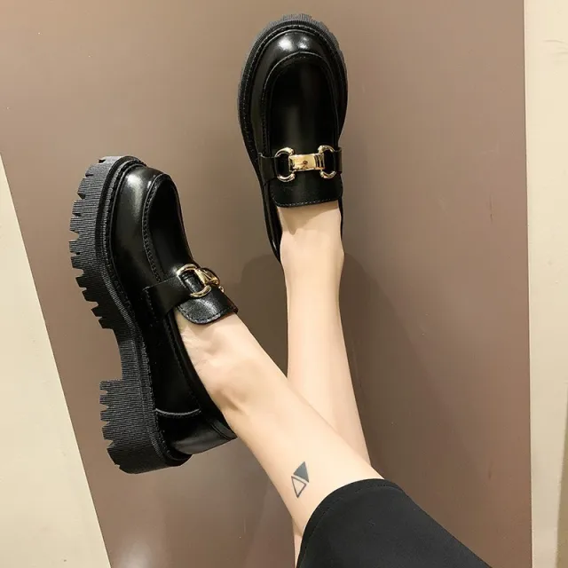 Chunky Heel Platform Small Leather Slip on Loafers Black - Shop at LoveMi