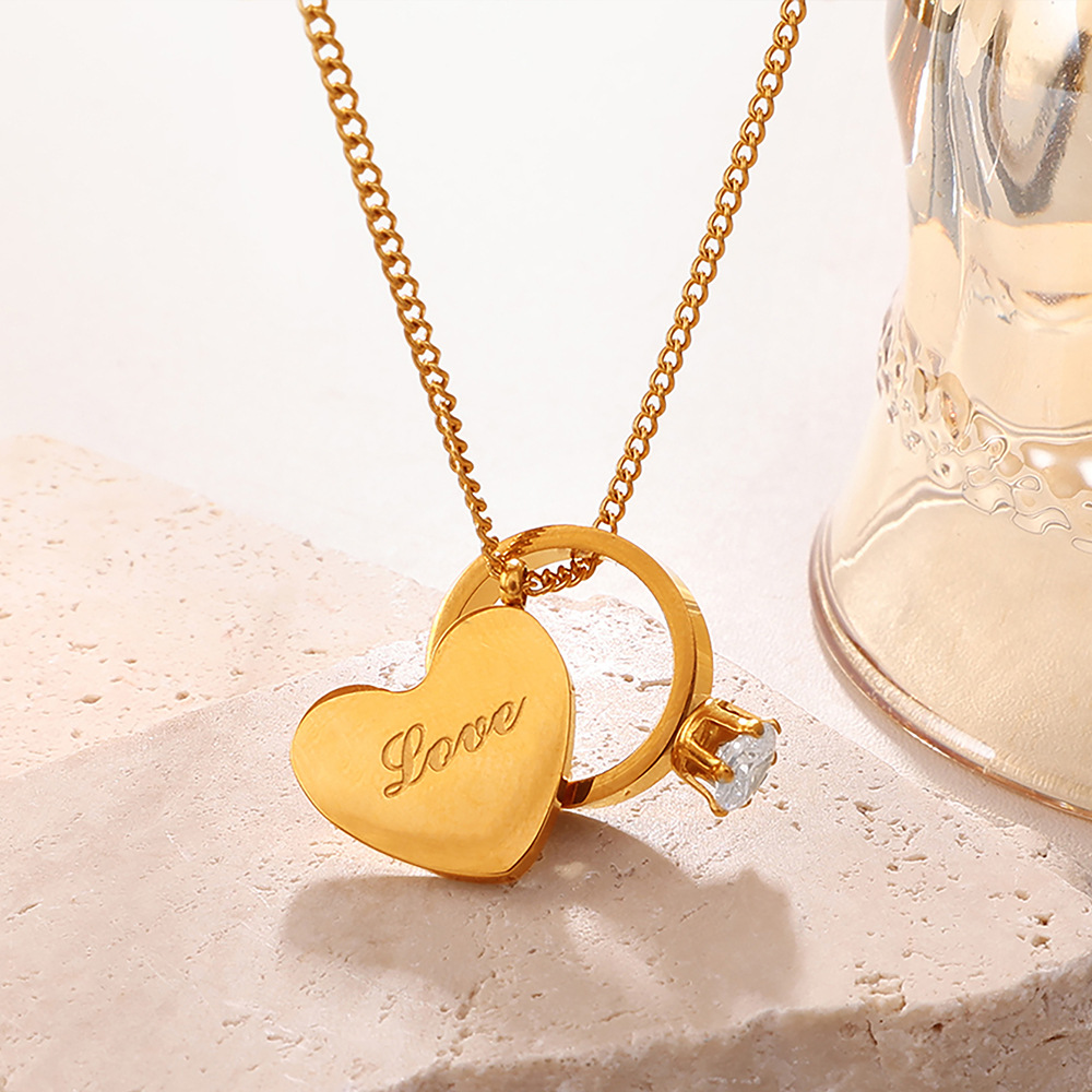 Love Engraved Gold Heart Double Pendant Rhinestone Stackable Couple Necklace