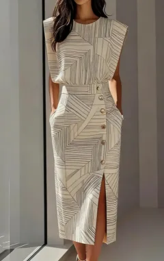 Women's Modern Retro Geometric Striped Round Neck Sleeveless Slim Fit Midi Dress With Slit - White - View 1