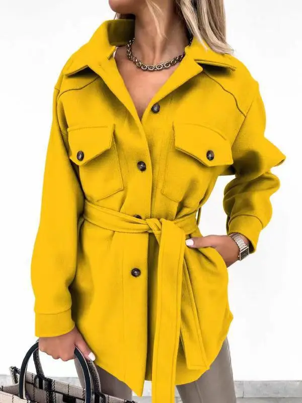 Fashionable Lace-up Small Fragrant Jacket With Pockets - Yellow