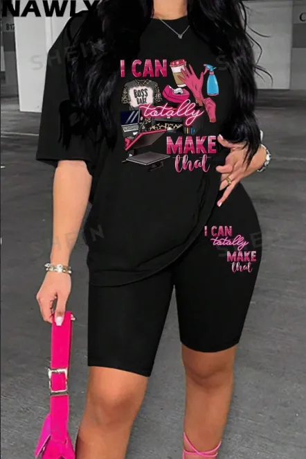 Women's Summer Casual Two Piece Set Slogan Print Round Neck Short Sleeve T Shirt And Shorts Black - Shop at LoveMi