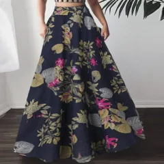 Casual Printed High Waisted Skirt - Blue Flower - View 1