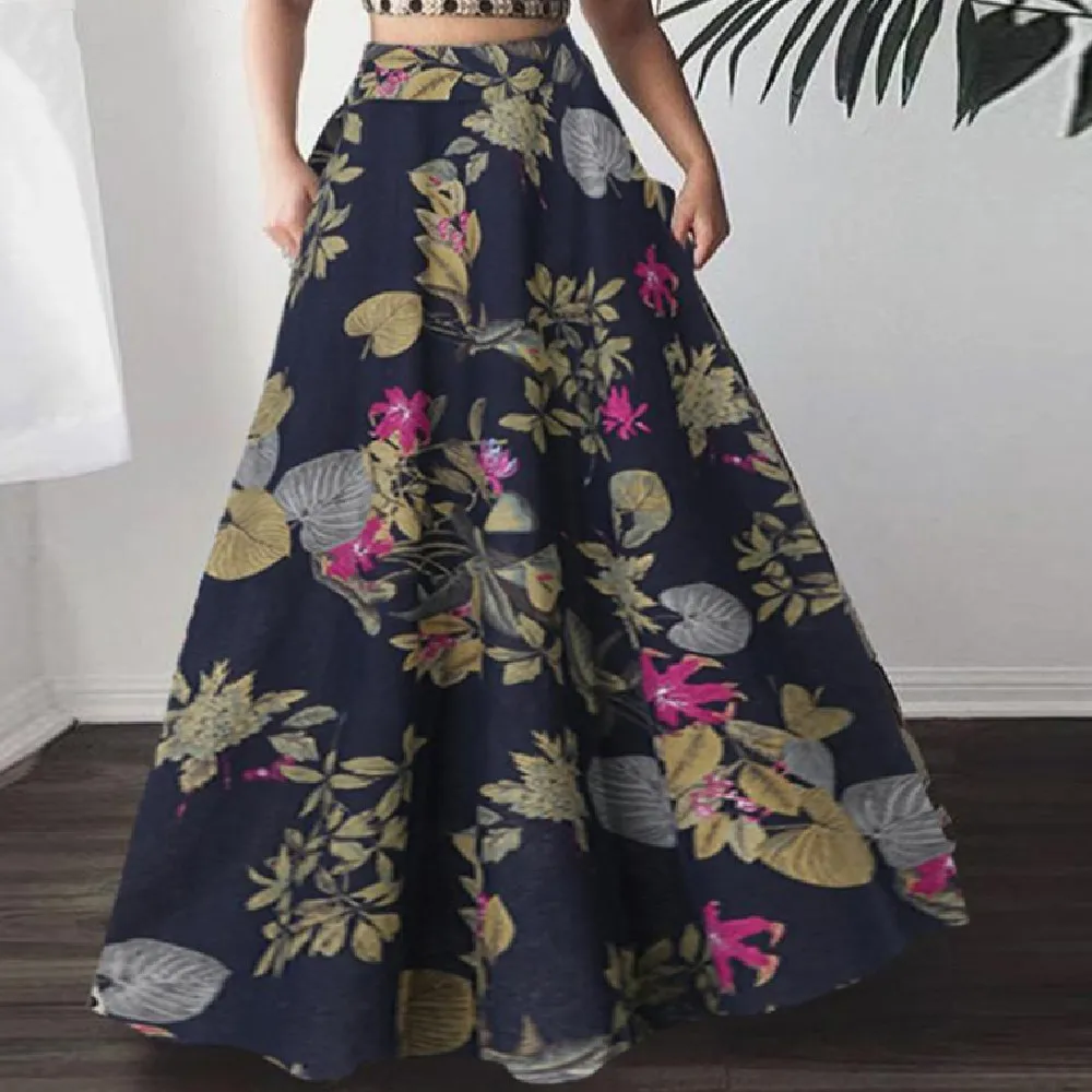 Casual Printed High Waisted Skirt - Blue Flower