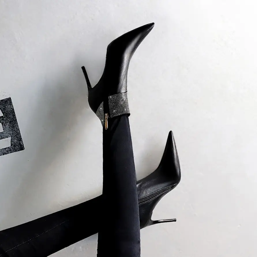 Women's Stiletto High Heel Pointed Toe Shiny Rhinestone Short Boots