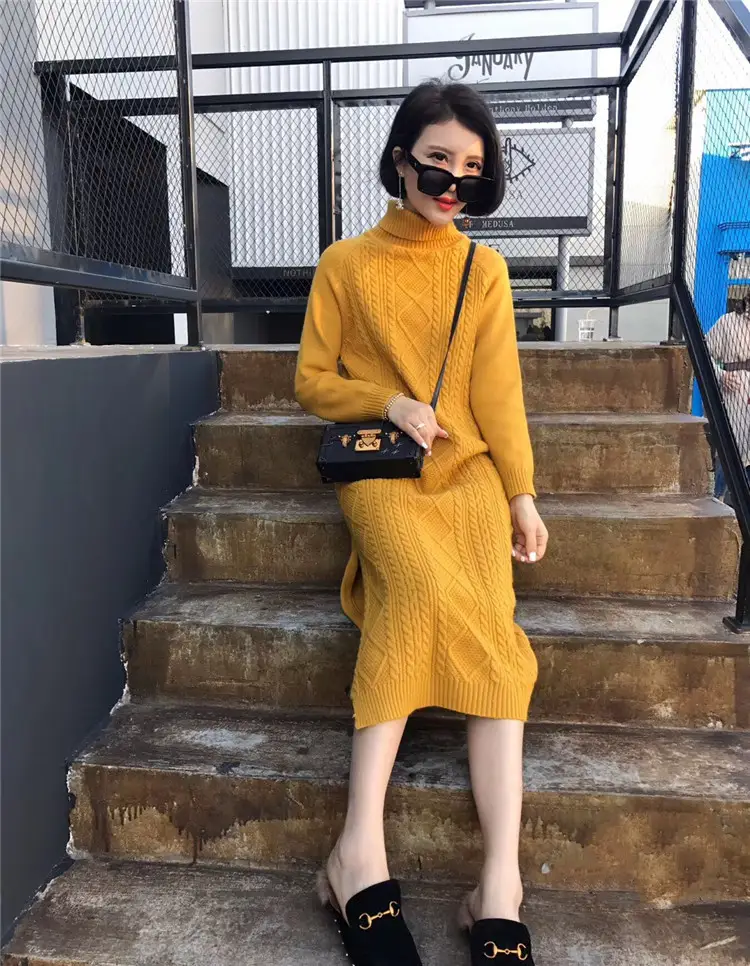 Women's Knitted Dress Long Sleeve Pullover Sweater Skirt