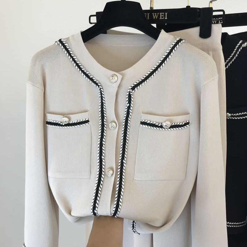 Two Piece Round Neck Knitted Cardigan Top And Wide-leg Pants