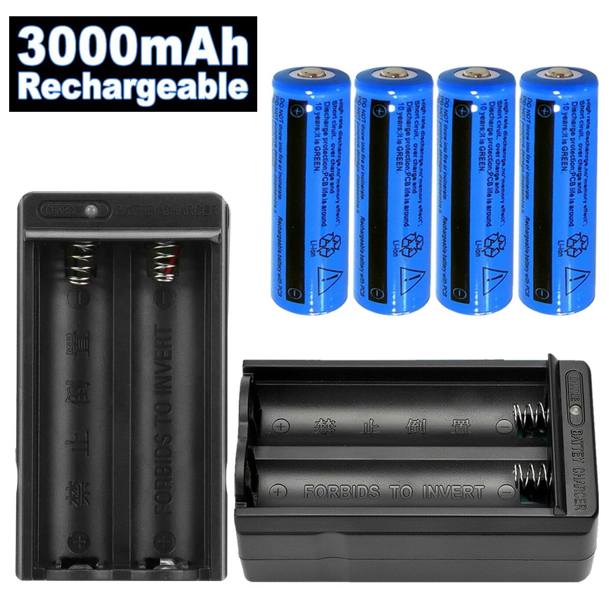 Li-ion Battery&Charger 3000mAh 3.7V Rechargeable Batteries US Plug For Torch Flashlight