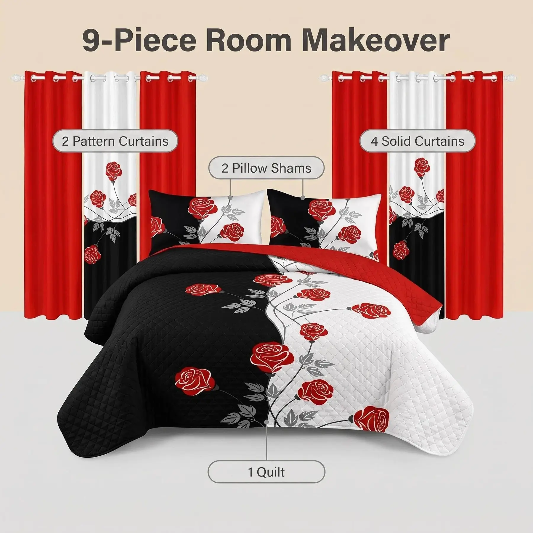 9-Piece Black and White Red Floral Quilt