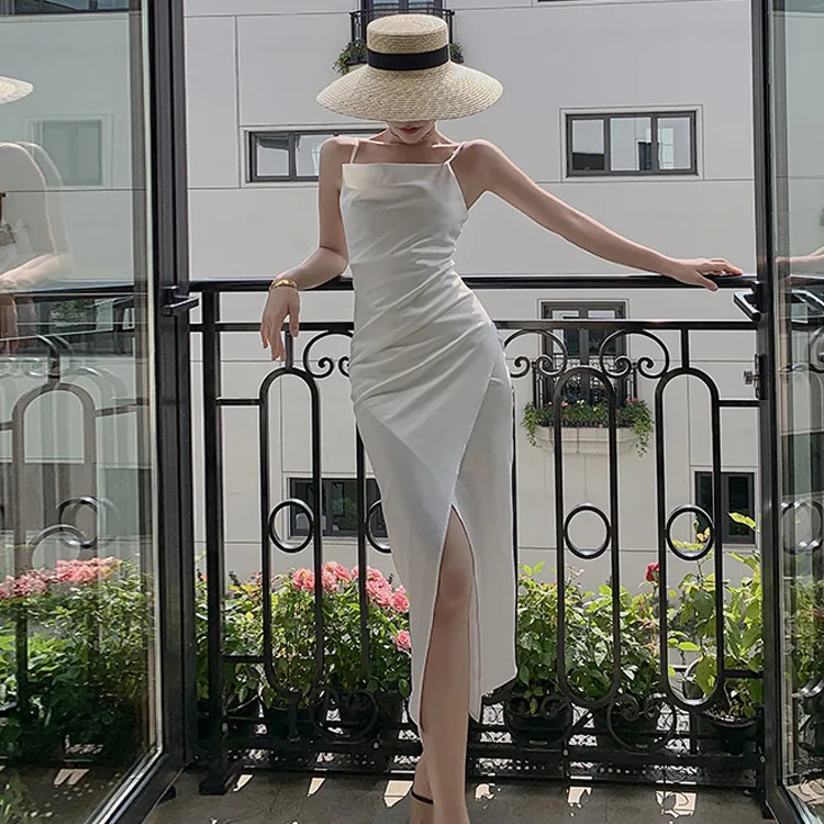 Swing Collar Satin Suspender Skirt Female Temperament - White