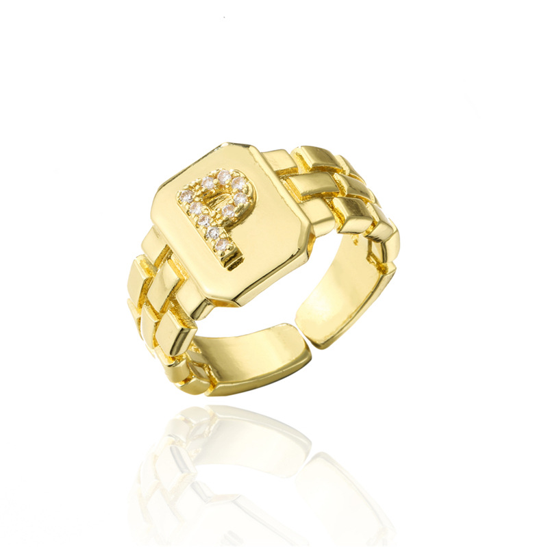 26 English Letters Adjustable Copper Plated 18K Gold Convex Design Zircon Ring