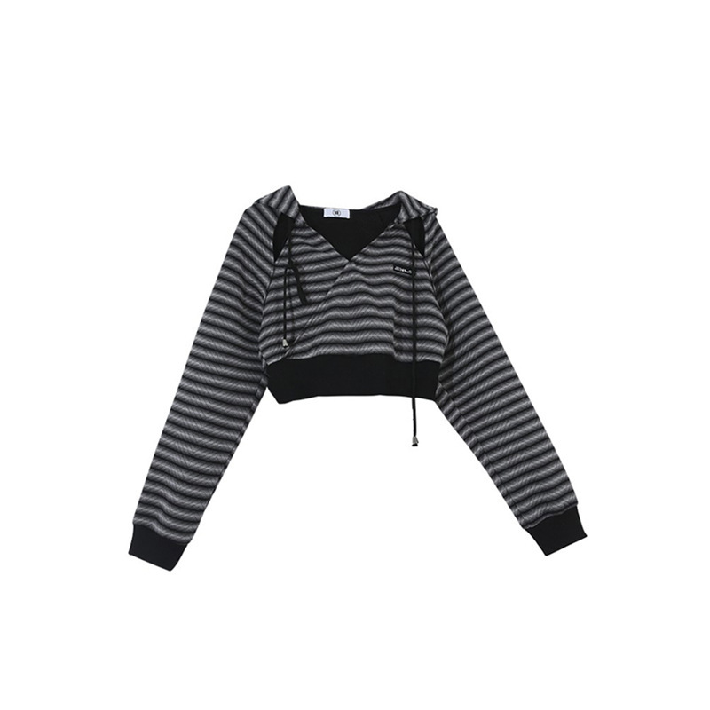 Women's Striped Hooded Cropped Sweatshirt Top