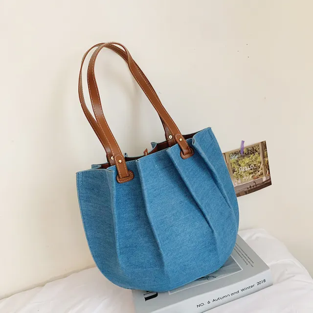 New Fashion Canvas Denim Pleated Tote Shoulder Bag Blue - Shop at LoveMi