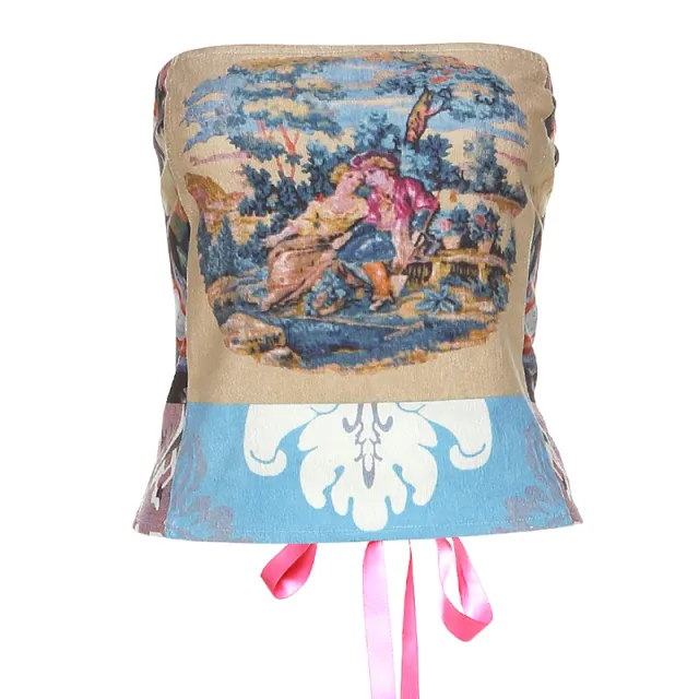 European And American Style Retro Oil Painting Printing Chest Vest Khaki - Shop at LoveMi