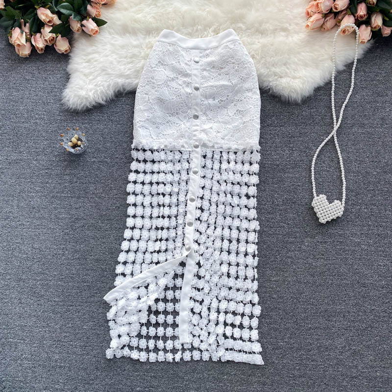 Sexy Black And White Hollow Outer Skirt Female Elegant Button Tempered Stickers Falda Party High-end Women's Clothing