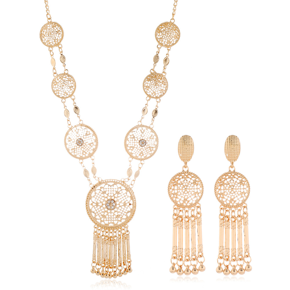 Palace Retro Carved Long Hollow Tassel Necklace And Earring Set