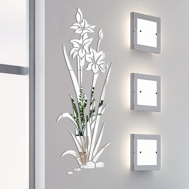 Acrylic Flower Plant Mirror Wall Sticker 3D Self adhesive Bedroom Living Room Decoration Silver - Shop at LoveMi