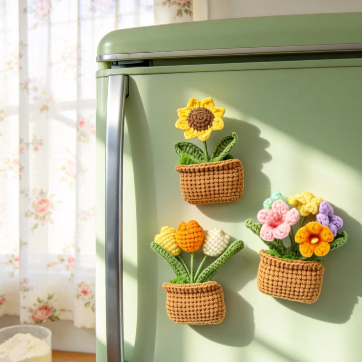 Handmade Crochet Square Flower Pot Blossom Three Piece Set With Sunflower Tulip Multicolored Flower Cluster Soft Yarn Everlasting Crochet Decor Indoor Home Magnetic Decoration Ornament