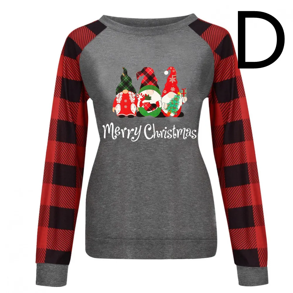 Round Neck Long-sleeved Color Matching Plaid Christmas Print Sweater Women - D-L