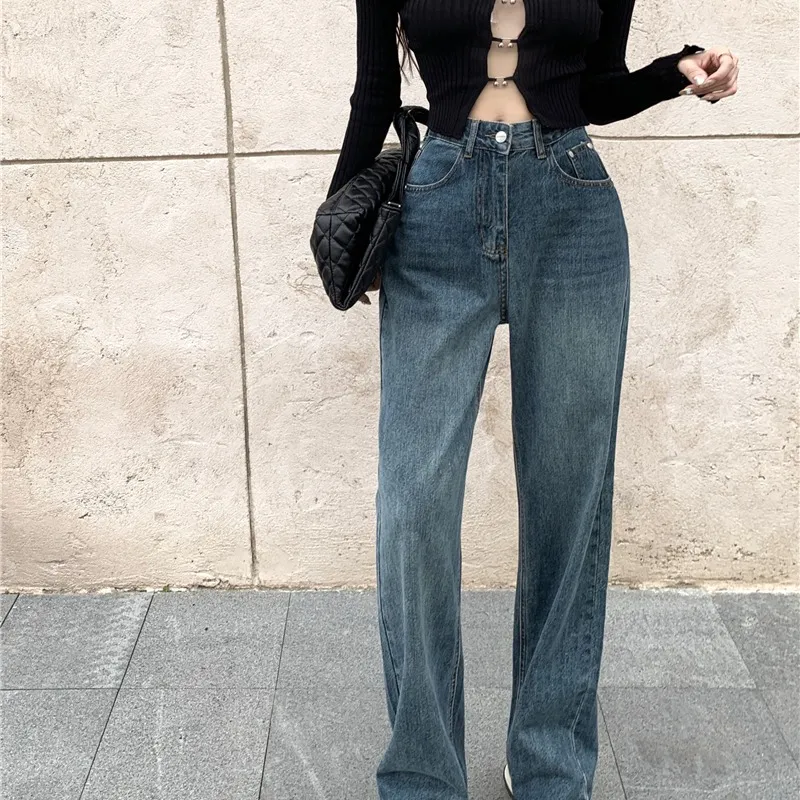 Retro Design Sense New High-waisted Wide Leg Jeans - Blue