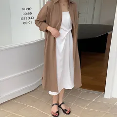 Lazy Style Simple Long Knee-length Shirt Solid Color Lapel Cardigan Sunscreen Shirt - Chocolate-2Xl - View 1