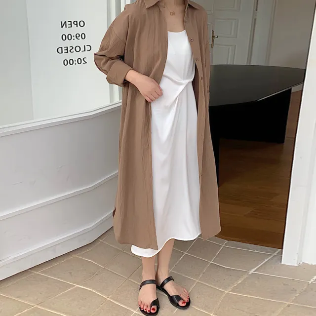 Lazy Style Simple Long Knee length Shirt Solid Color Lapel Cardigan Sunscreen Shirt Chocolate 2Xl - Shop at LoveMi