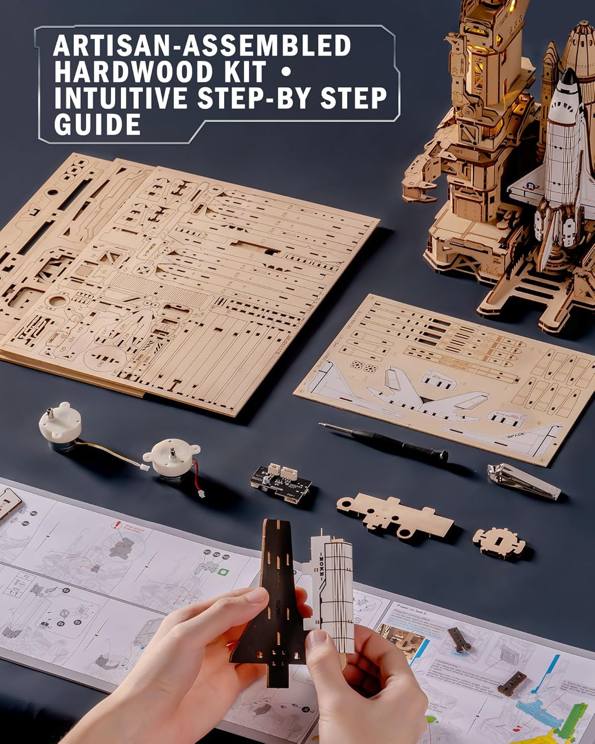 ROKR 3D Wooden Space Shuttle Model Kit - 446-piece STEM Building Toy With Launch Simulation And LED Light Effects, DIY Puzzle, A Unique Gift For Space Enthusiasts