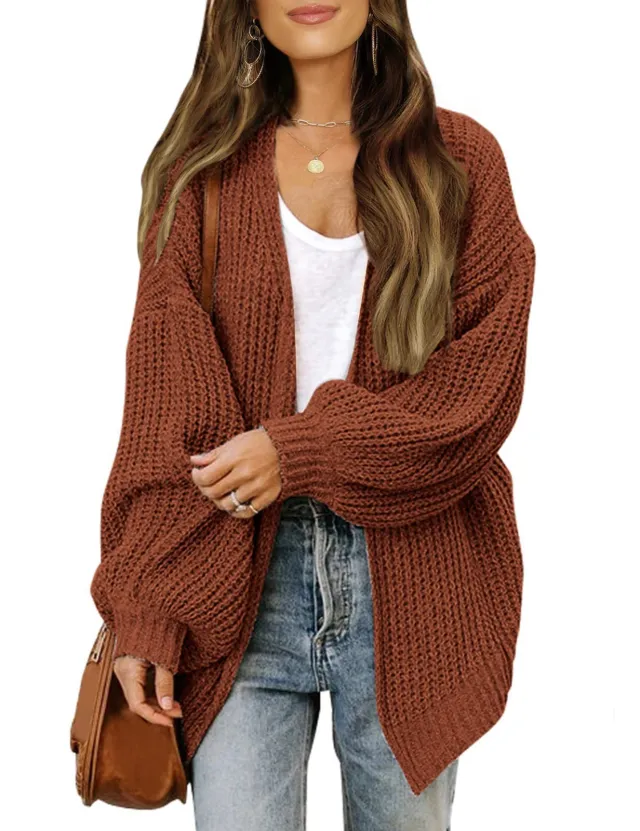 Fashion Lantern sleeved Sweater With Pockets Casual Loose Solid Knit Cardigan Autumn Tops Womens Clothing Coffee - Shop at LoveMi