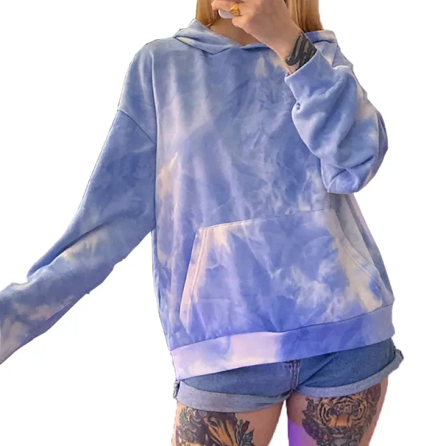 Fashion Tie Dye Loose Hooded Long Sleeve Sweatshirt Blue - Shop at LoveMi