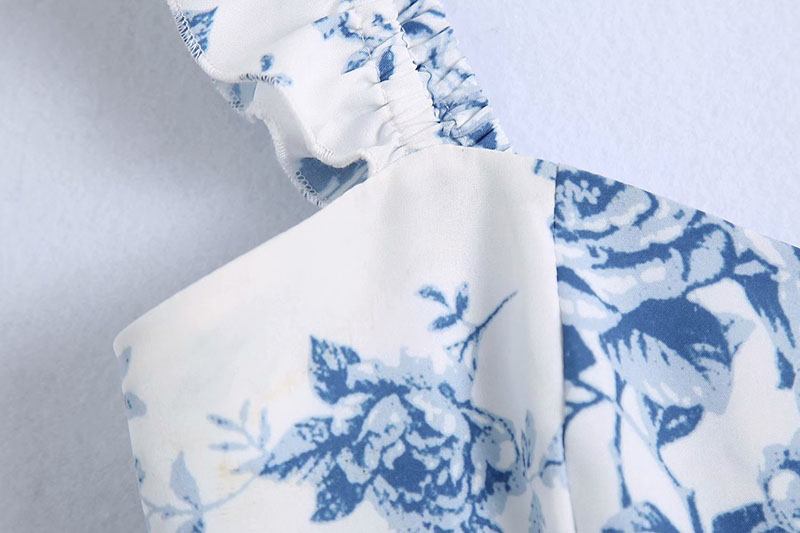 Retro Blue And White Porcelain Print Ruffle Sleeve Suspender Short Top