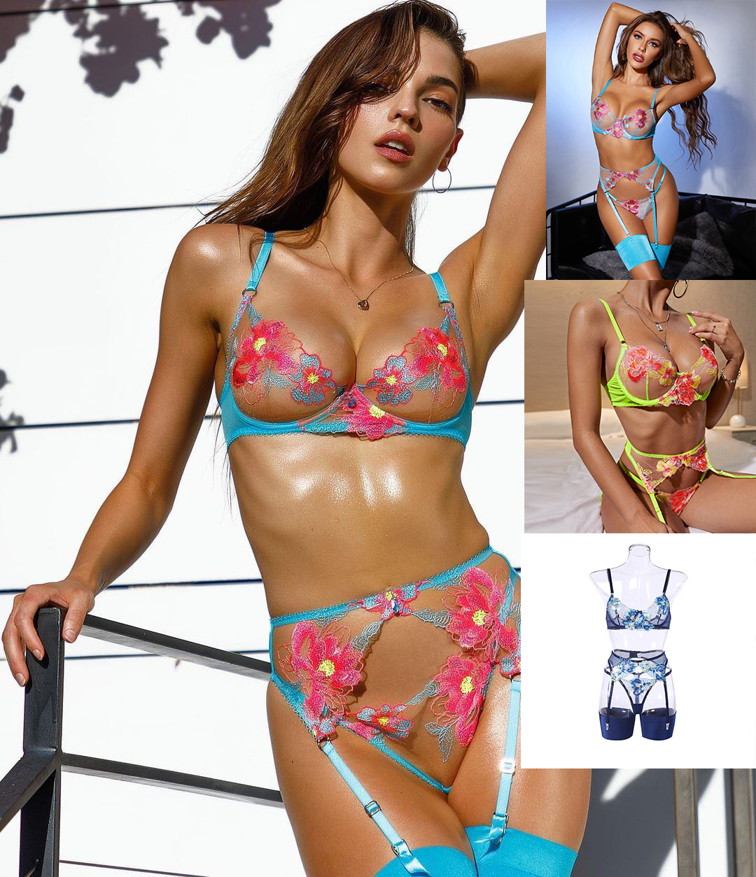 Title 4, Embroidered Mesh Multicolor Shaping Split Set