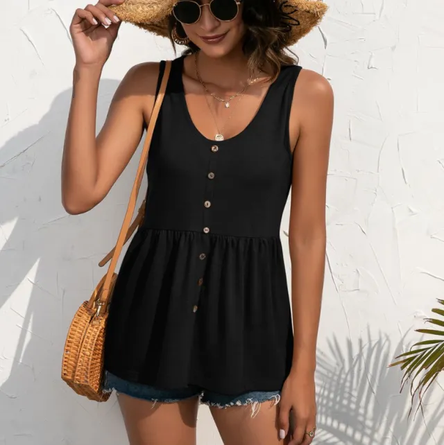 Solid Color Pleated Sleeveless Decorative Button U neck T shirt Black - Shop at LoveMi
