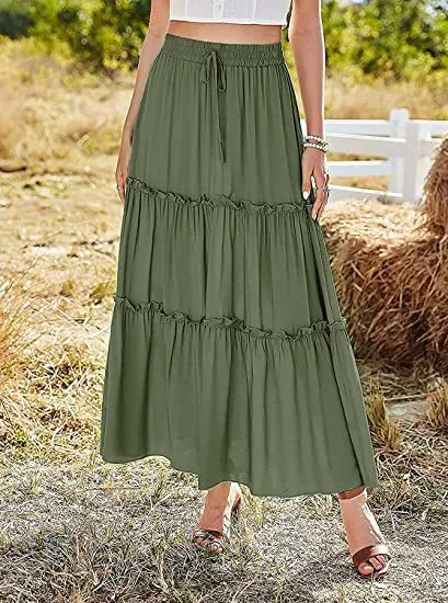 Women's Elastic High Waist A-Line Pleated Casual Maxi Dress - 1Color-Xl