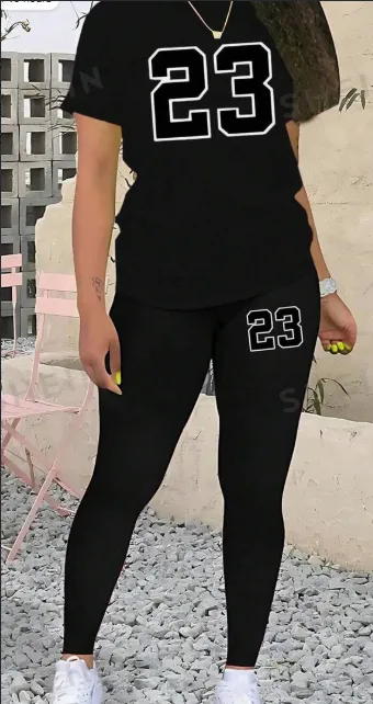 Digital Printed Women's Round Neck T Shirt And Legging Set Black - Shop at LoveMi