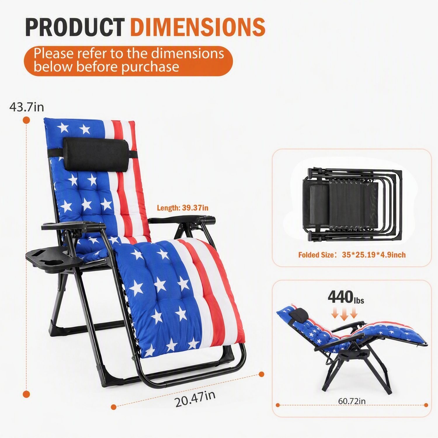Zero Gravity Chair With Cushion, Folding Outdoor Lounge Chair With Cup Holder And Headrest For Patio, Strong Capacity image 13