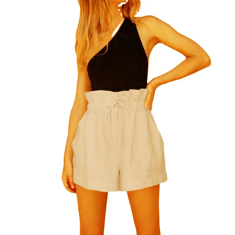 Casual Cotton And Linen Large Bud Loose Drawstring Wide-leg Shorts - Khaki